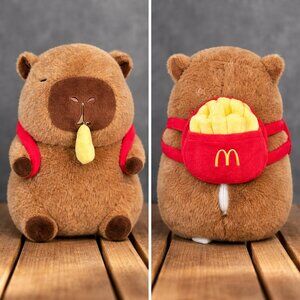 10"H Plush Capybara Toy With Backpack Bag McDonald's Toy Eating Fries